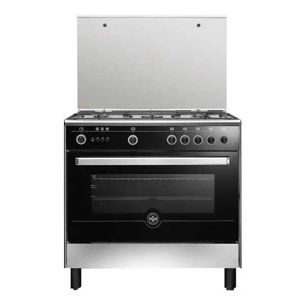 Lagermania Freestanding Cooker 90 x 60 cm 5 Gas Burners Stainless Steel x Black with Glass Lid