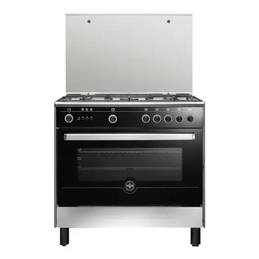 [9N10GUB1X4AWW] Lagermania Freestanding Cooker 90 x 60 cm 5 Gas Burners Stainless Steel x Black with Glass Lid