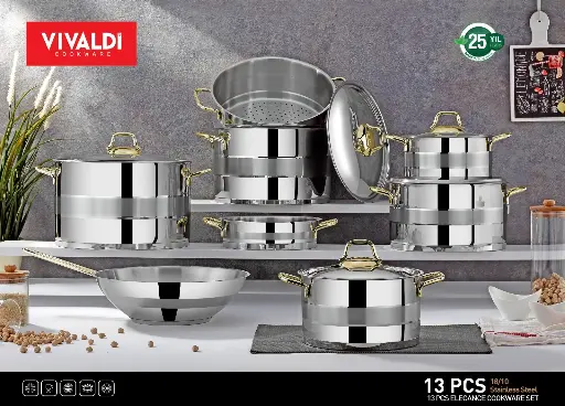 [21021_223521021010] Elegance stainless steel set, golden handle, 13 pieces